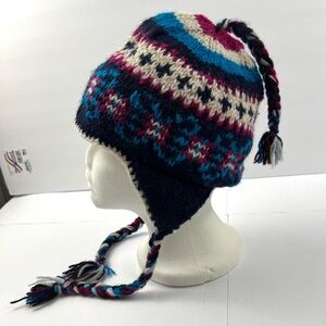 Hand Knit 100% Wool Beanie Hat with ear flaps O/S Navy Multi Winter Cozy Outdoor